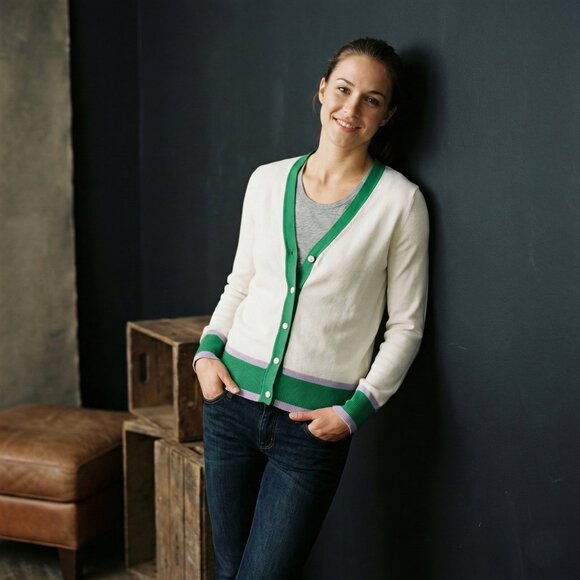 Grace Karin Sweaters - Grace Karin Cream Green Button Front Knit Cardigan Retro Contrast Trim XL Preppy
